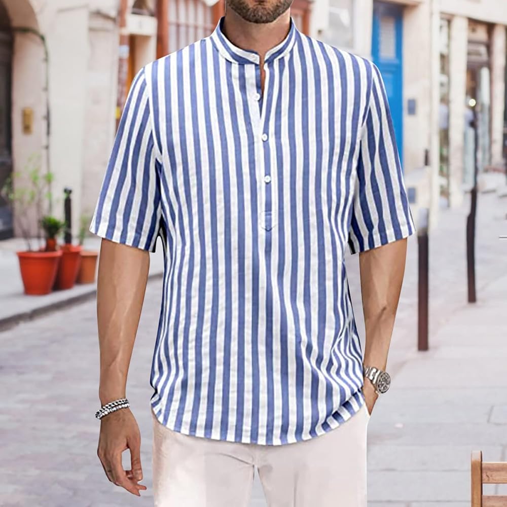 【BAON】[unisex] Hudend Stripe Collar Over Short Sleeve Tee Mens Cotton Linen Stripe Henley Shirt Band Collar Casual